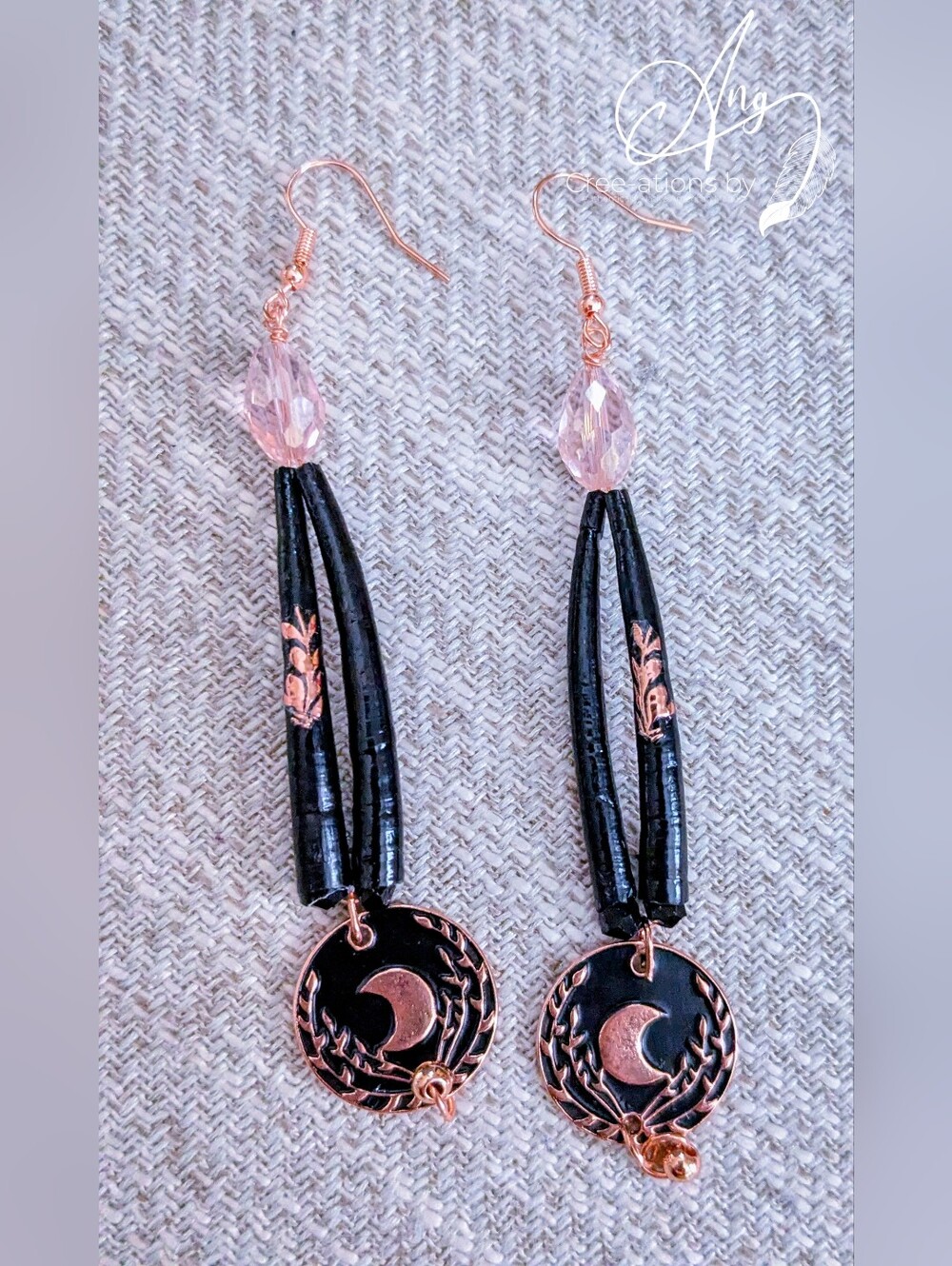 Indigenous Black and Rose Gold Crescent Moon Drop Earrings